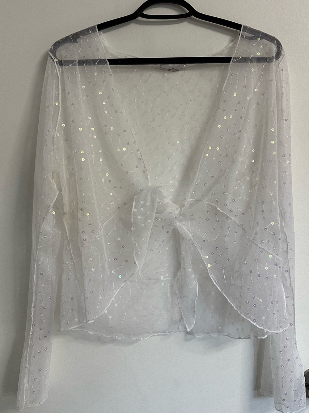 Vine Street Apparel Sheer White Sequin Tie-Front Shrug